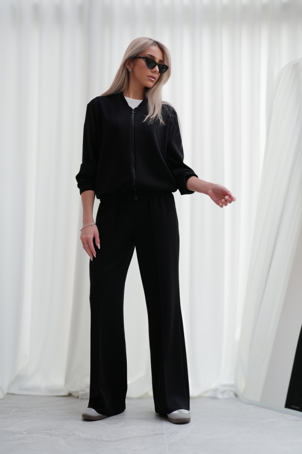 Luksusowy Komplet Damski Masełko Bluza Rozpinana + Spodnie Wide Leg Premium Soft Touch Elegancja & Komfort-CZARNY